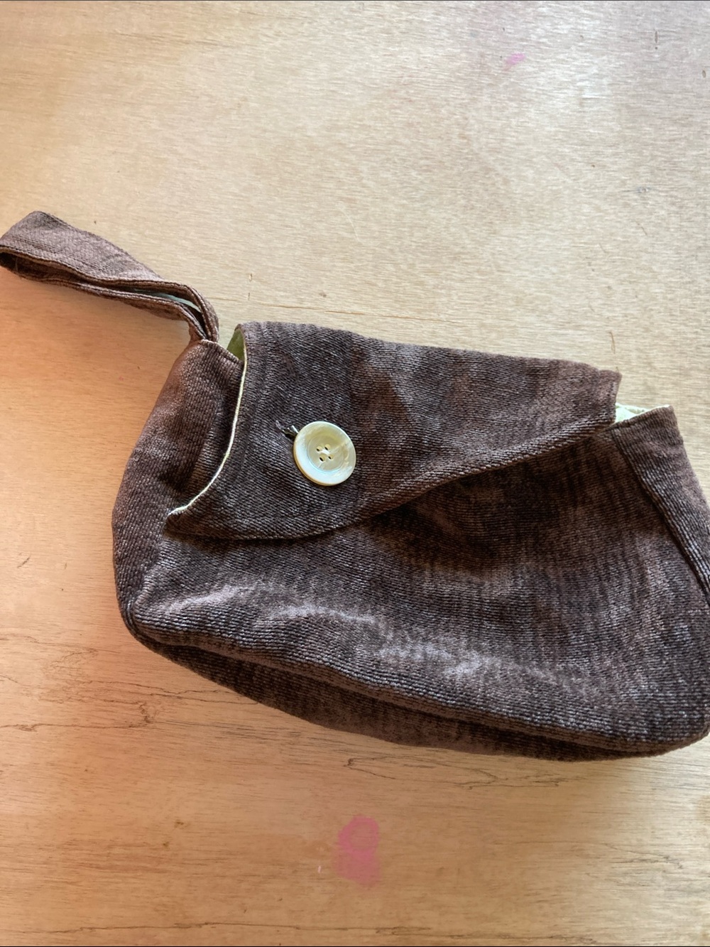 Brown Corduroy Wristlet Clutch with big Button Detail